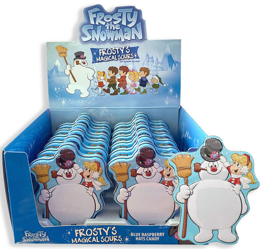 Holiday Christmas Frosty the Snowman, Frosty's Magical Sours, Blue Raspberry Candy Tins - 12 Count Display Box