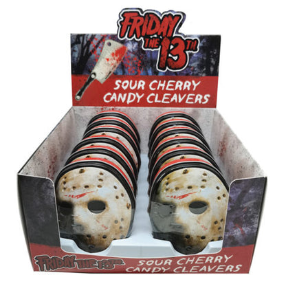 Halloween Friday The 13th Jason Mask Candy Tin, Sour Cherry Candy Cleavers - 12 Count Display Box