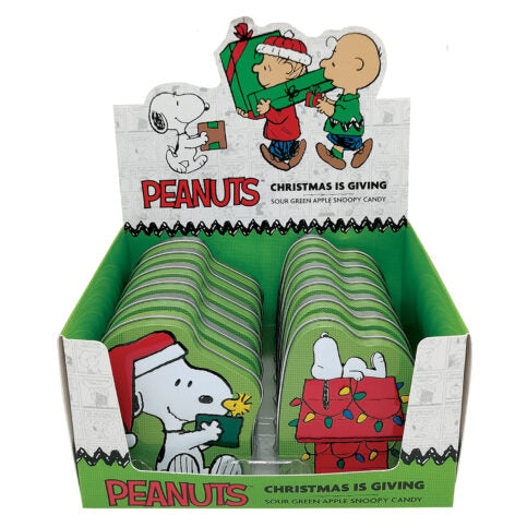 Peanuts Christmas Is Giving, Sour Green Apple Candy, 1 Ounce Tin - 12 Count Display Box