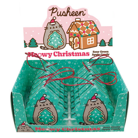 Pusheen Meowy Christmas Tin, 1.4 Ounces of Sour Green Apple Tree-Shaped Candies - 12 Count Display Box