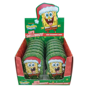 Holiday SpongeBob SquarePants Let’s Shellebrate! Sour Candy in Collectible Tin, 1.2 Ounces of Sour Strawberry Candy - 12 Count Display Box