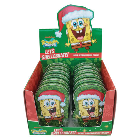 Holiday SpongeBob SquarePants Let’s Shellebrate! Sour Candy in Collectible Tin, 1.2 Ounces of Sour Strawberry Candy - 12 Count Display Box