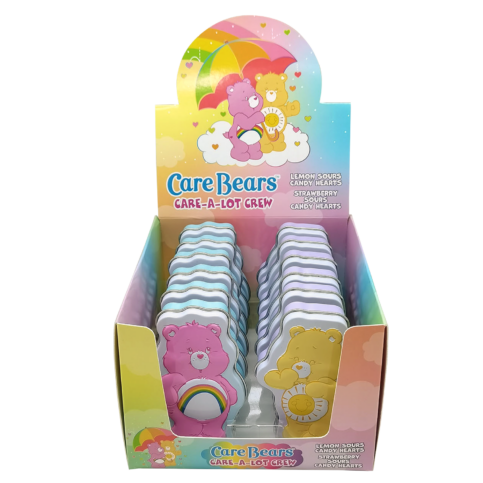 Care Bears Cheer Funshine Tins, 1 Ounce Sour Lemon & Sour Strawberry Candy Hearts - 12 Tins Yellow & Pink Display Box