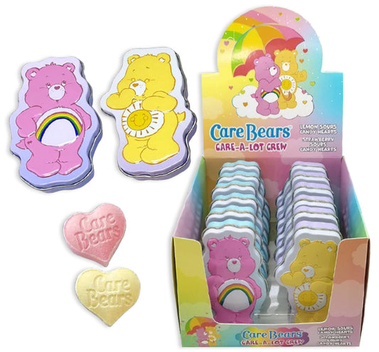 Care Bears Cheer Funshine Tins, 1 Ounce Sour Lemon & Sour Strawberry Candy Hearts - 12 Tins Yellow & Pink Display Box