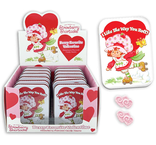 Valentines Strawberry Shortcake Berry Favorite Valentine Hard Candy Tin, Sour Strawberry Flavored Hearts, 1.5 Ounces, 12 Count Display Box