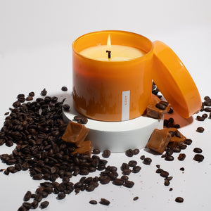 Vella & Co, Cozy Hazelnut Espresso & Toffee 16 Ounce Soy Candle, Orange Glass