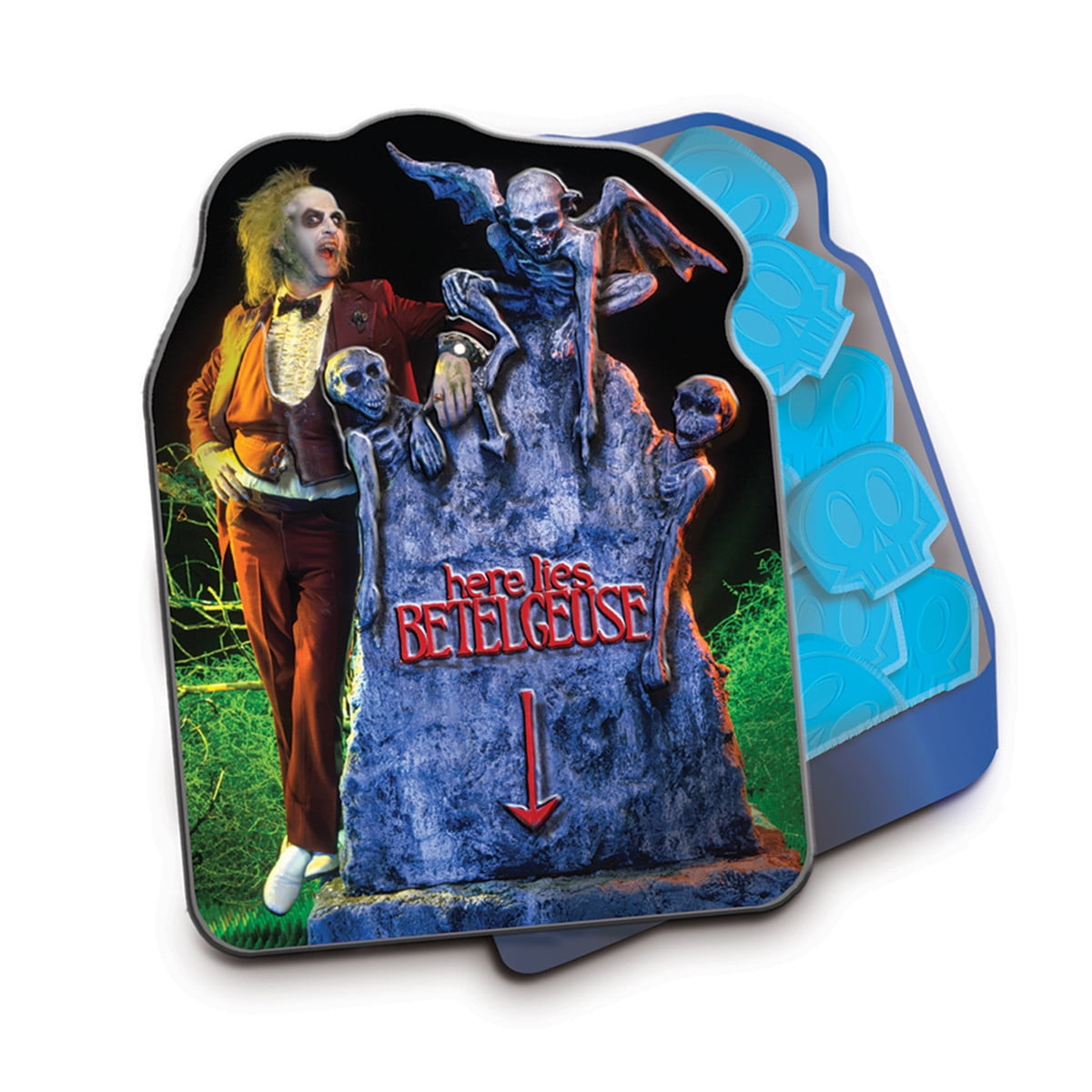 Halloween Afterlife Sours Candy Tin compatible with Beetlejuice Candy, Collectible Candy Tin Featuring Beetle juice with his Gravestone – Sour Blue Raspberry Flavor in the Shape of Spooky Skulls 1.5 Ounce Tin - 12 Count Display Box