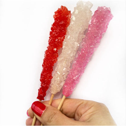 Valentine Assortment Rock Crystal Candy Stick, Clear, Pink, Red Individually Wrapped Middle Size Stick - 24 Count Display Box