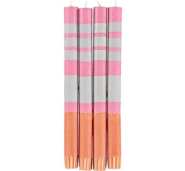British Colour Standard Striped Orange Flame, Willow & Neyron Rose Eco Dinner Candles, Gift Box of 4