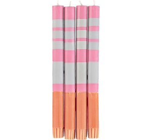 British Colour Standard Striped Orange Flame, Willow & Neyron Rose Eco Dinner Candles, Gift Box of 4