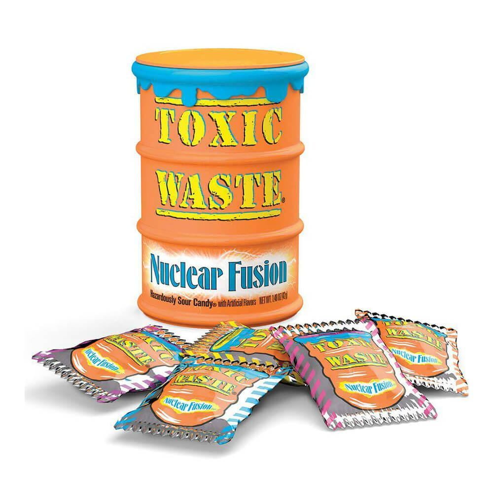 Toxic Waste, Nuclear Fusion, Hazardously Sour Candy, 5 Assorted Flavor Combinations, 1.48 Ounce Drums - 12 Count Display Box