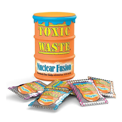 Toxic Waste, Nuclear Fusion, Hazardously Sour Candy, 5 Assorted Flavor Combinations, 1.48 Ounce Drums - 12 Count Display Box