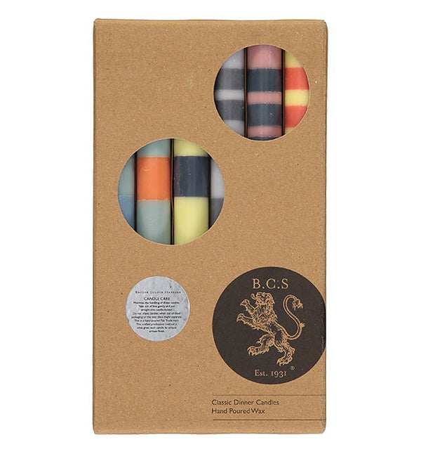 British Colour Standard Striped Mixed Pack of All 3 Stripes Eco Dinner Candles, Gift Box of 6