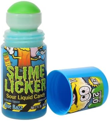 Slime LIcker 2.0, Sour Liquid Candy, Blue Razz or Strawberry, 2 FL OZ Bottles - 12 Count Display Box