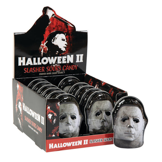 Halloween II Mask tin, Slashers Sours Orange Candy - 12 Count Display Box