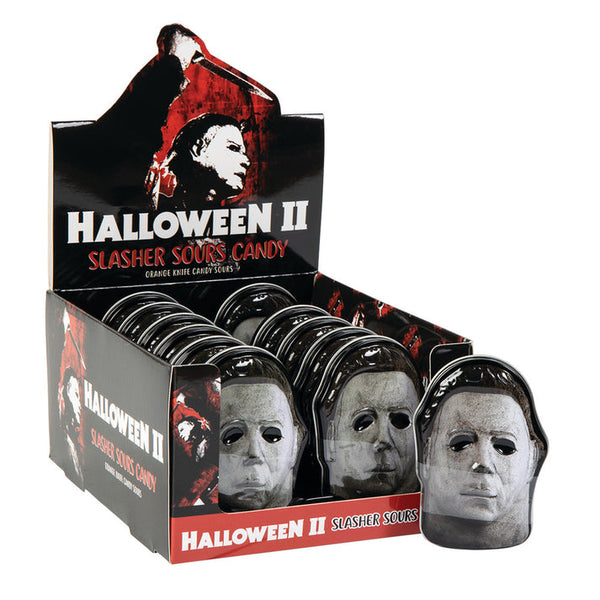 Halloween II Mask tin, Slashers Sours Orange Candy - 12 Count Display Box