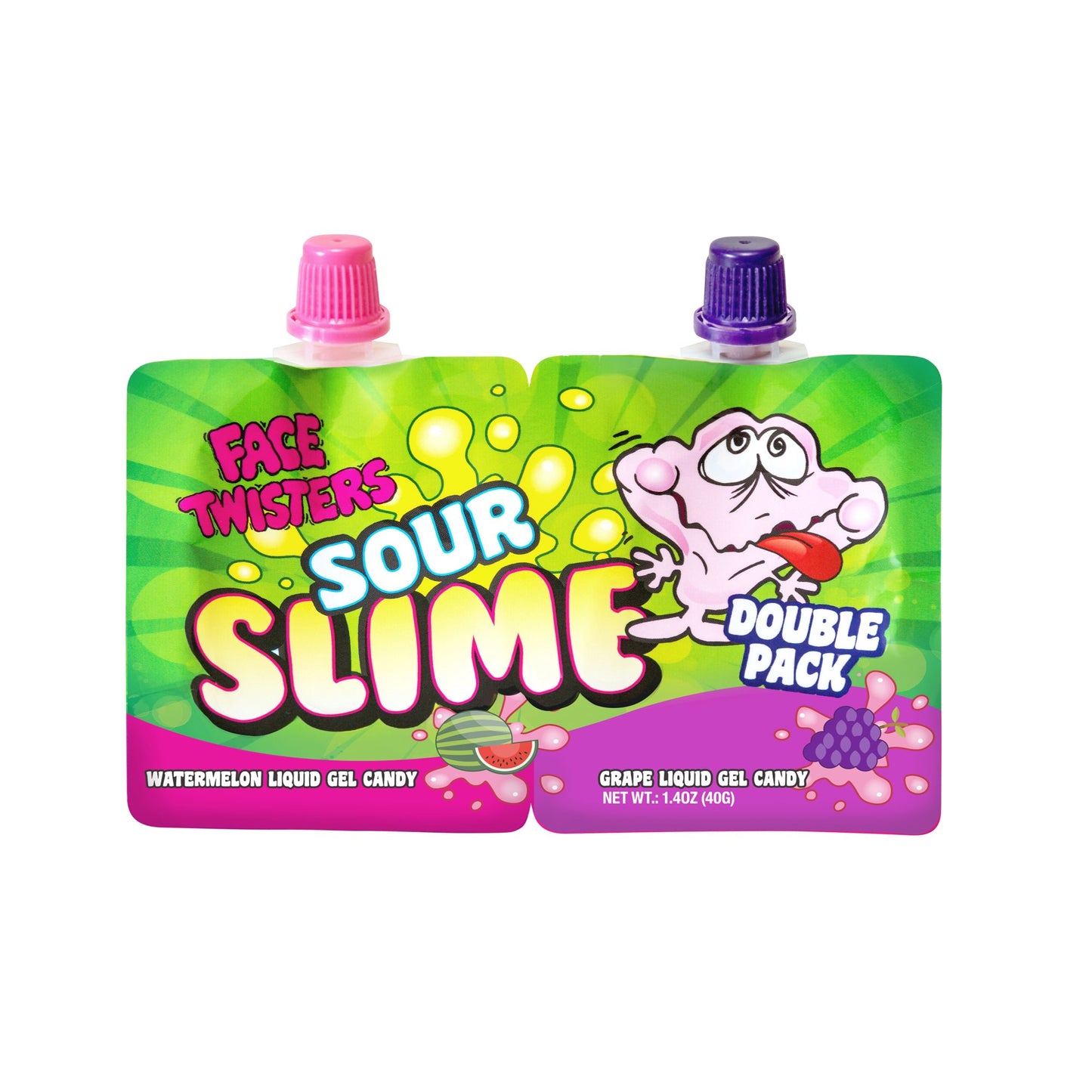 Face Twisters Sour Slime Double Pack Liquid Gel Candy, Watermelon, Grape, Orange & Lemon Flavors, 1.4 Ounce - 18 Count Display Box