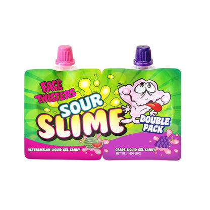 Face Twisters Sour Slime Double Pack Liquid Gel Candy, Watermelon, Grape, Orange & Lemon Flavors, 1.4 Ounce - 18 Count Display Box