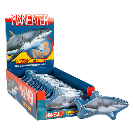 Maneater Shark Body Parts Shaped Candy in Collectible Tin, 1.0 Ounce Sour Orange Body Parts Shaped Candy - 12 Count Display Box