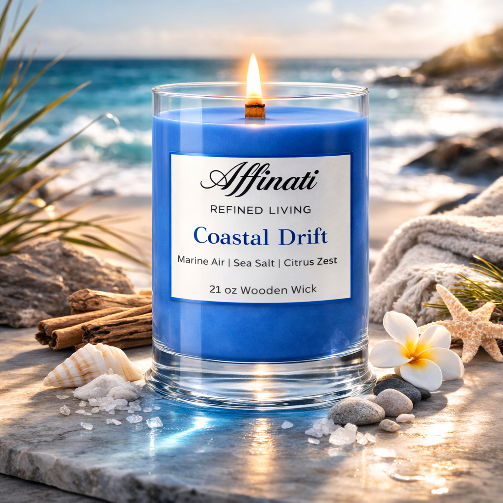 Coastal Drift Wooden Wick Candle – Luxury 21 oz Soy Blend | Affinati