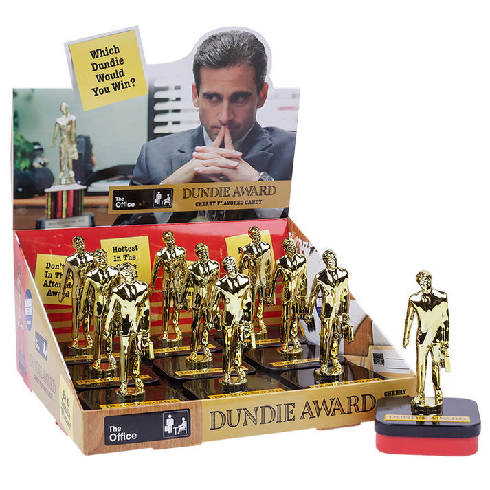 The Office Dundie Award Candy Sours, Dundie Award Statue Tin, Office Logo Shaped Cherry Sours, 0.8 Ounce Tin, 9 Count Display Box