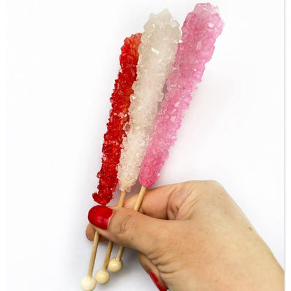 Valentine Assortment Rock Crystal Candy Stick, Clear, Pink, Red Individually Wrapped Middle Size Stick - 24 Count Display Box