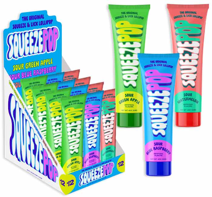 Iconic Candy Squeeze Pop Assorted Flavors - 4 Ounce Tube - 12 Count Display Box