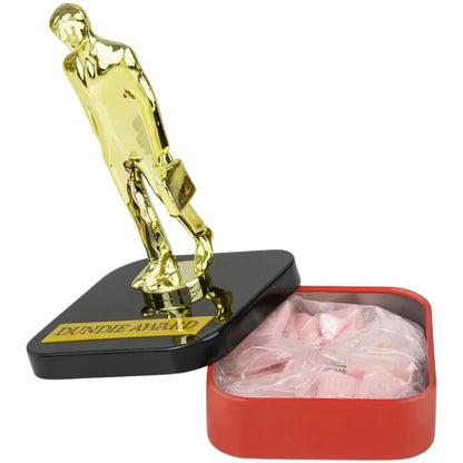 The Office Dundie Award Candy Sours, Dundie Award Statue Tin, Office Logo Shaped Cherry Sours, 0.8 Ounce Tin, 9 Count Display Box