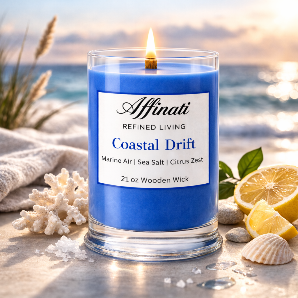 Coastal Drift Wooden Wick Candle – Luxury 21 oz Soy Blend | Affinati
