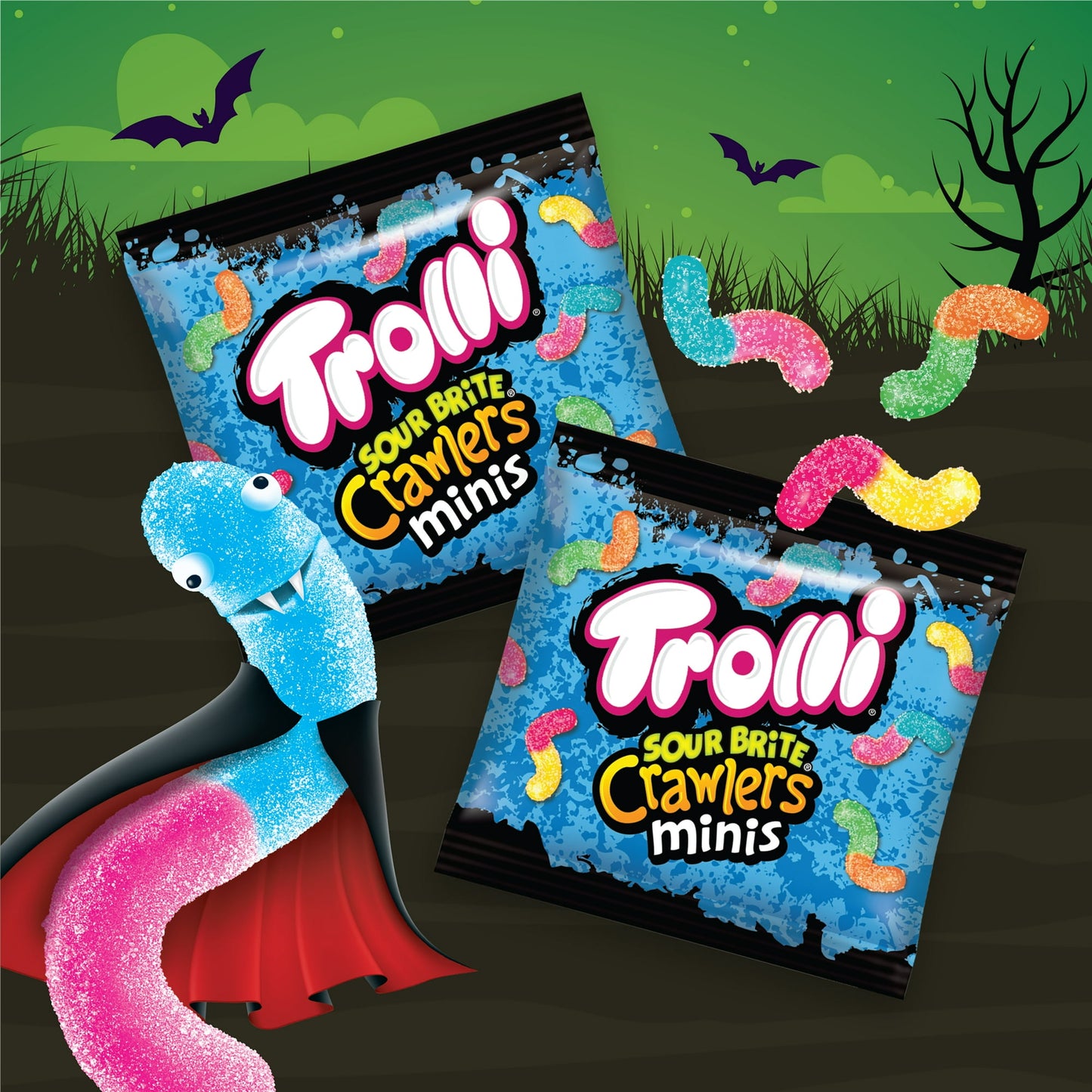 Trolli Sour Brite Crawlers, Halloween Sour Candy Treat Packs, 7.2 oz Bag, 12 Count for Trick-or-Treating and Fall Parties