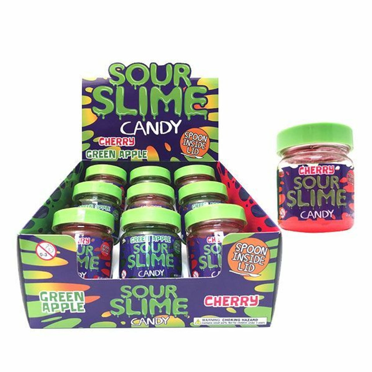 Sour Slime Candy 3.5 Ounce Jars, Sour Green Apple & Soup Cherry Flavors - 9 Count Display Box