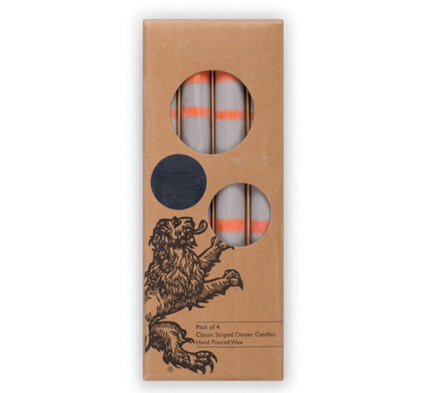 British Colour Standard - 25cm / 10'' H - Striped - Willow Grey and Orange Flame Eco Dinner Candles, Gift Box of 4