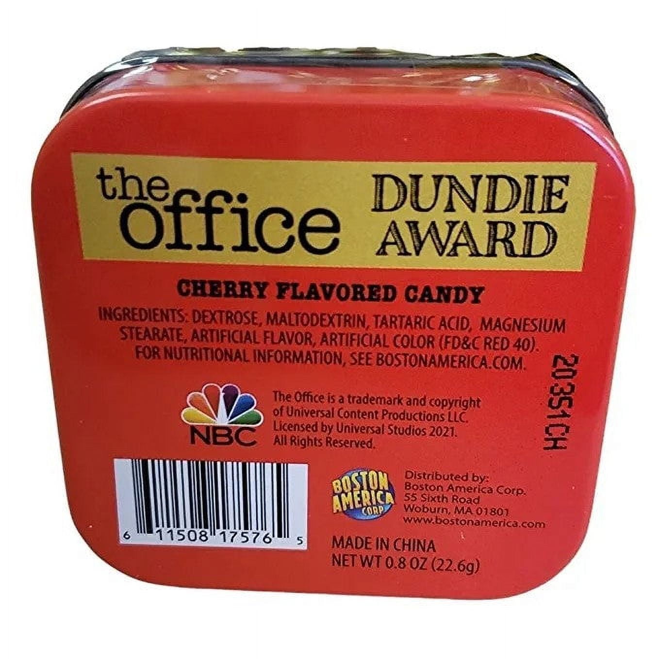 The Office Dundie Award Candy Sours, Dundie Award Statue Tin, Office Logo Shaped Cherry Sours, 0.8 Ounce Tin, 9 Count Display Box