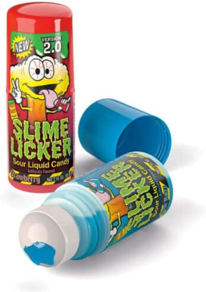 Slime LIcker 2.0, Sour Liquid Candy, Blue Razz or Strawberry, 2 FL OZ Bottles - 12 Count Display Box