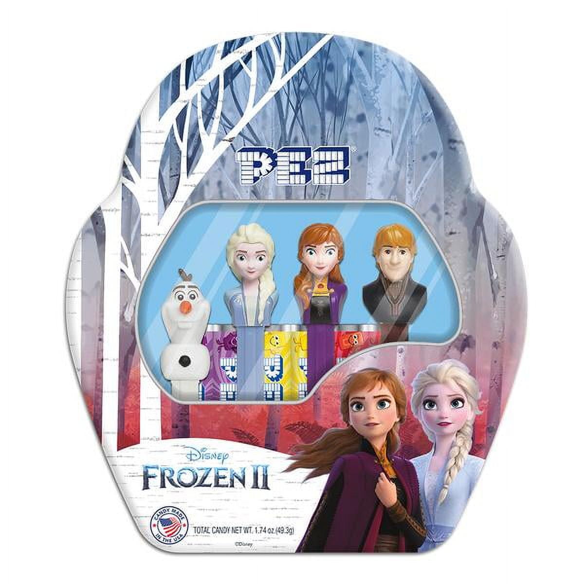 PEZ Candy Frozen 2 Gift Tin, 4 Candy Dispensers Plus 6 Rolls Assorted Fruit Candy, 1 Count, 1.74 oz