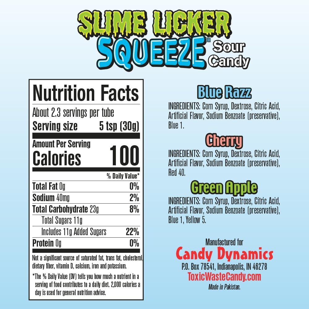 Toxic Waste Slime Licker Squeeze Sour Candy, with Blue Razz, Cherry, and Green Apple Flavors - 2.47 Ounce Tubes - 12 Count Display Box