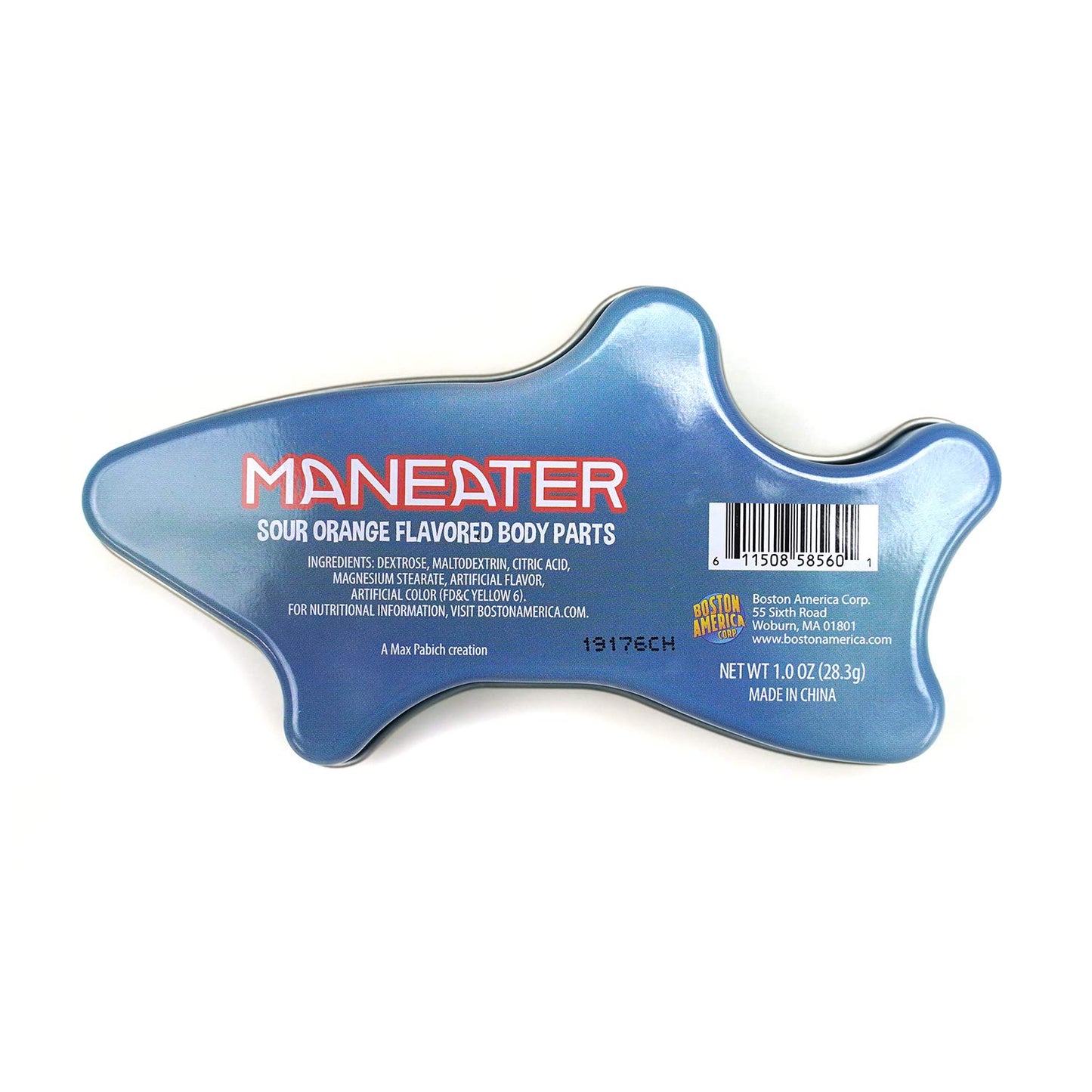 Maneater Shark Body Parts Shaped Candy in Collectible Tin, 1.0 Ounce Sour Orange Body Parts Shaped Candy - 12 Count Display Box