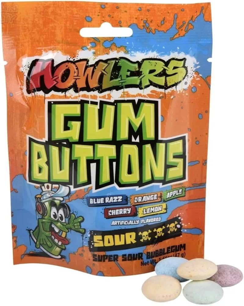 Albert's Howlers Sour Gum Buttons 1.66 Ounce Bag - 12 Count Display Box