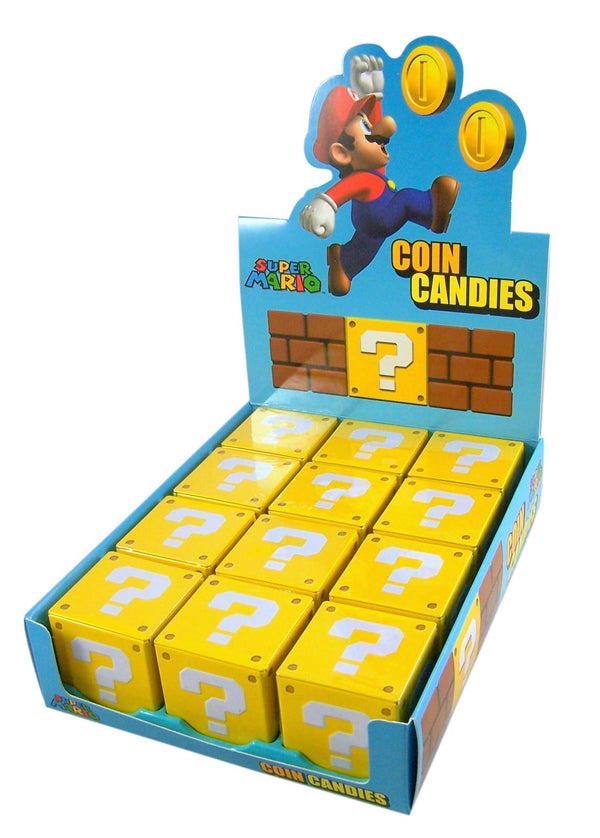 Nintendo Super Mario Bros., Question Mark Box Coin Candies, 1.2 Ounce Candy Tin - 12 Count Display Box