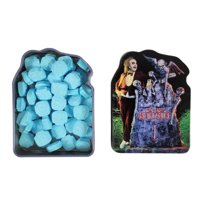 Halloween Afterlife Sours Candy Tin compatible with Beetlejuice Candy, Collectible Candy Tin Featuring Beetle juice with his Gravestone – Sour Blue Raspberry Flavor in the Shape of Spooky Skulls 1.5 Ounce Tin - 12 Count Display Box