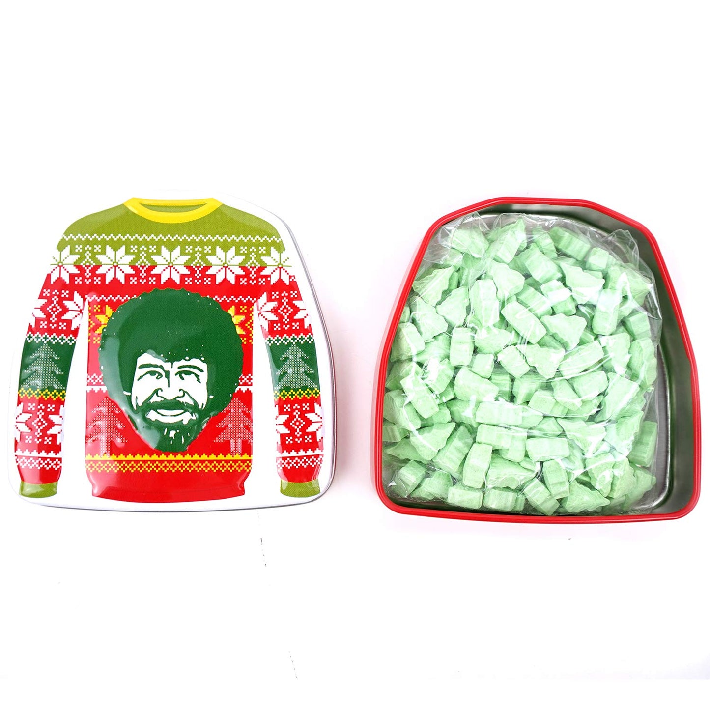 Merry Bob Ross Sweater Shaped Green Apple Sours Candy, 1.5 Ounce Tin - 12 Count Display Box