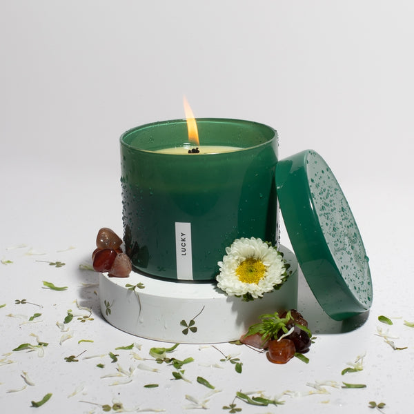 Vella & Co, Lucky Cool Water & Flower Petals 16 Ounce Soy Candle, Green Glass