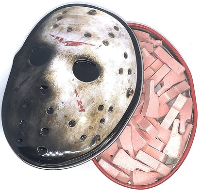 Halloween Friday The 13th Jason Mask Candy Tin, Sour Cherry Candy Cleavers - 12 Count Display Box