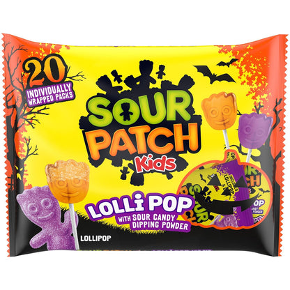 SOUR PATCH KIDS Orange & Purple Halloween Candy Lollipops with Sour Candy Dipping Powder, 20 Lollipops, 10.58 Ounce Bag