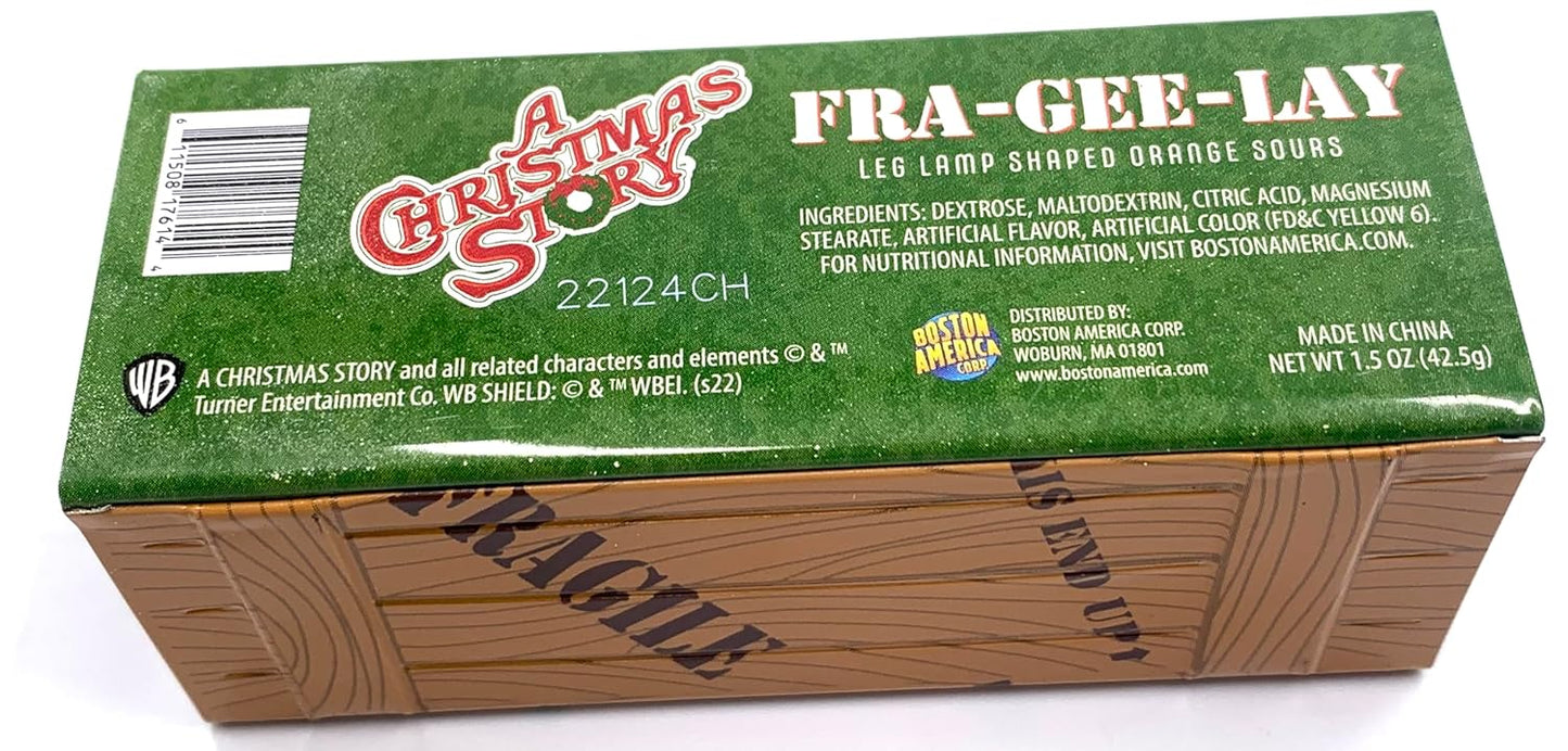 A Christmas Story FRA-GEE-LAY Wood Crate, Orange Sour Candy, Collectible Slider Tin Shaped filled with Leg Lamp Shaped Candies, 1.5 Ounce Tin - 12 Count Display Box