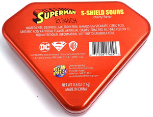 DC Comics Superman S-Shield Tin, 0.6 Ounce of Sour Cherry Flavored Red and Yellow S-shield Candy - 12 Count Display Box