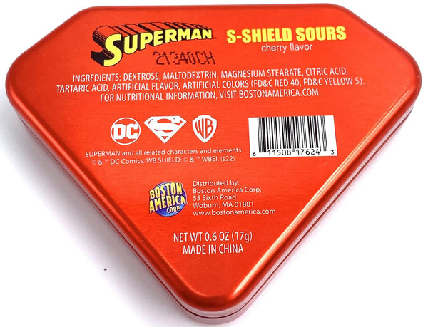 DC Comics Superman S-Shield Tin, 0.6 Ounce of Sour Cherry Flavored Red and Yellow S-shield Candy - 12 Count Display Box