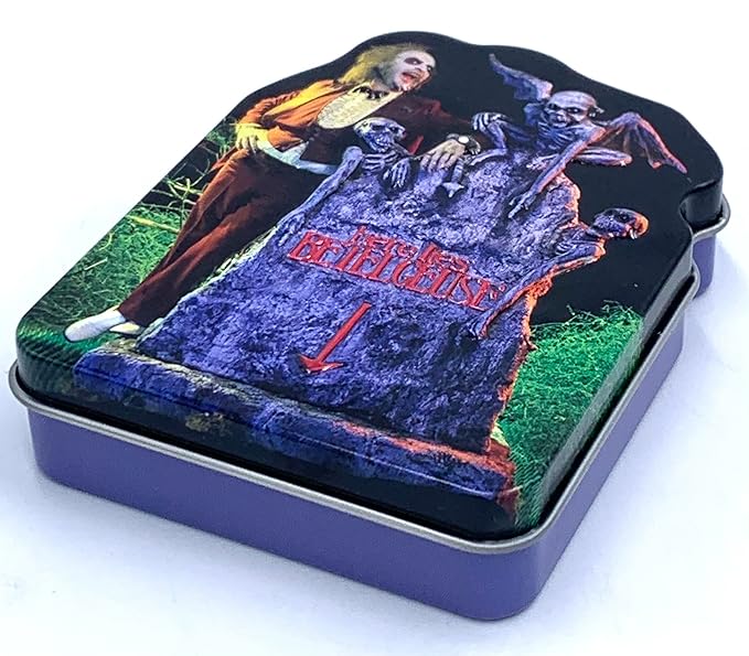 Halloween Afterlife Sours Candy Tin compatible with Beetlejuice Candy, Collectible Candy Tin Featuring Beetle juice with his Gravestone – Sour Blue Raspberry Flavor in the Shape of Spooky Skulls 1.5 Ounce Tin - 12 Count Display Box