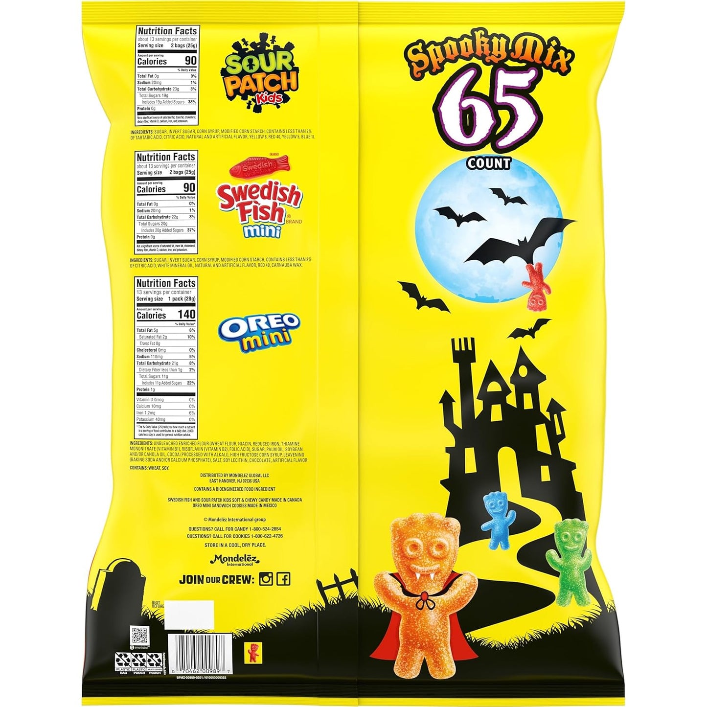 SOUR PATCH KIDS, OREO Mini Chocolate Sandwich Cookies & SWEDISH FISH Mini Halloween Candy Variety Pack, 65 Trick or Treat Bags