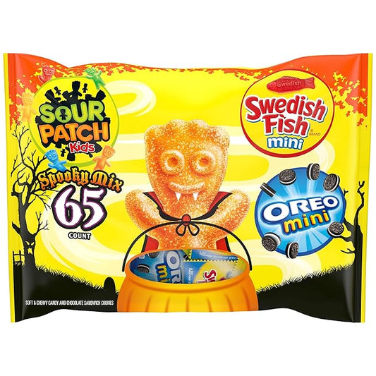 SOUR PATCH KIDS, OREO Mini Chocolate Sandwich Cookies & SWEDISH FISH Mini Halloween Candy Variety Pack, 65 Trick or Treat Bags